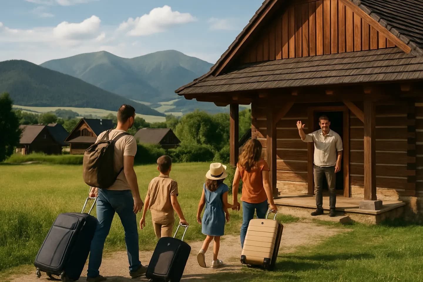 A family with suitcases arriving at a timber chalet below the Low Tatras