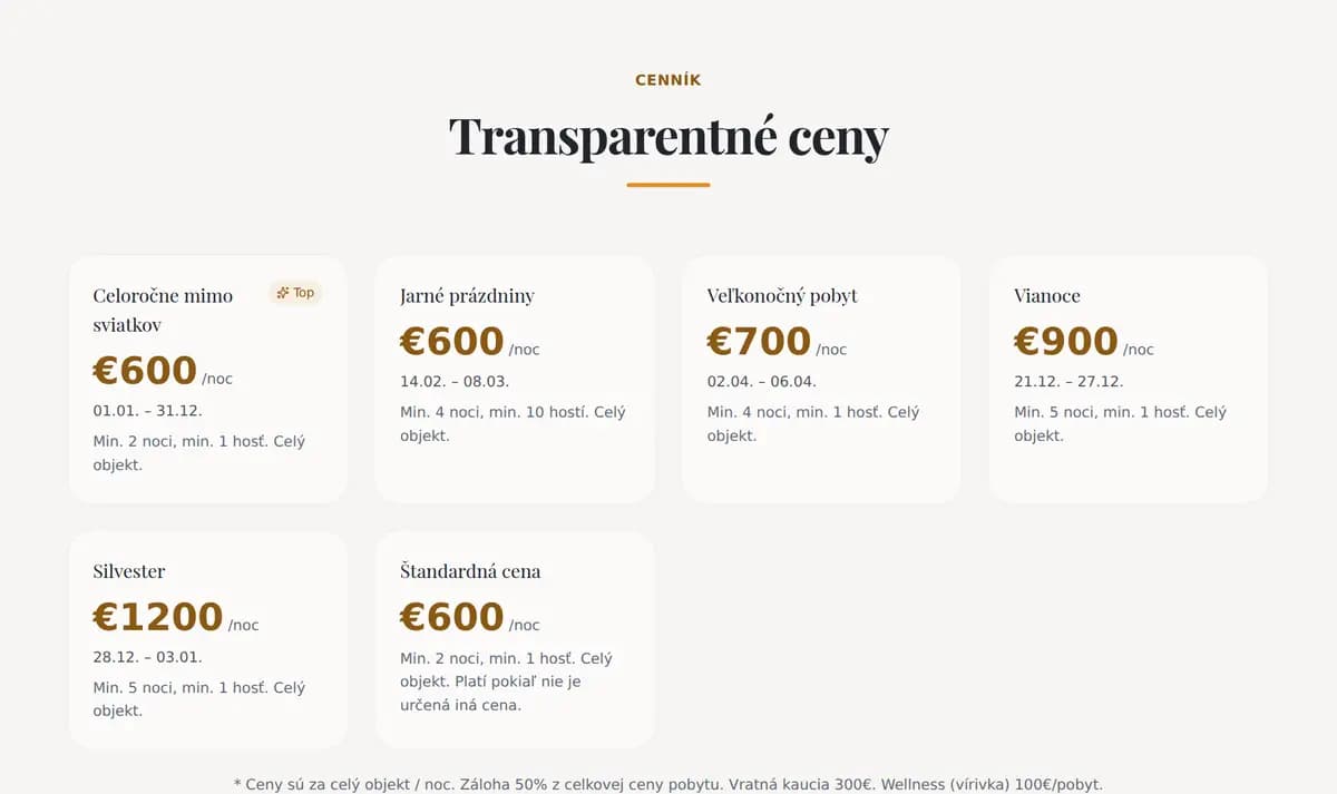 Cenník na webe Zrubu nad Krpáčovom
