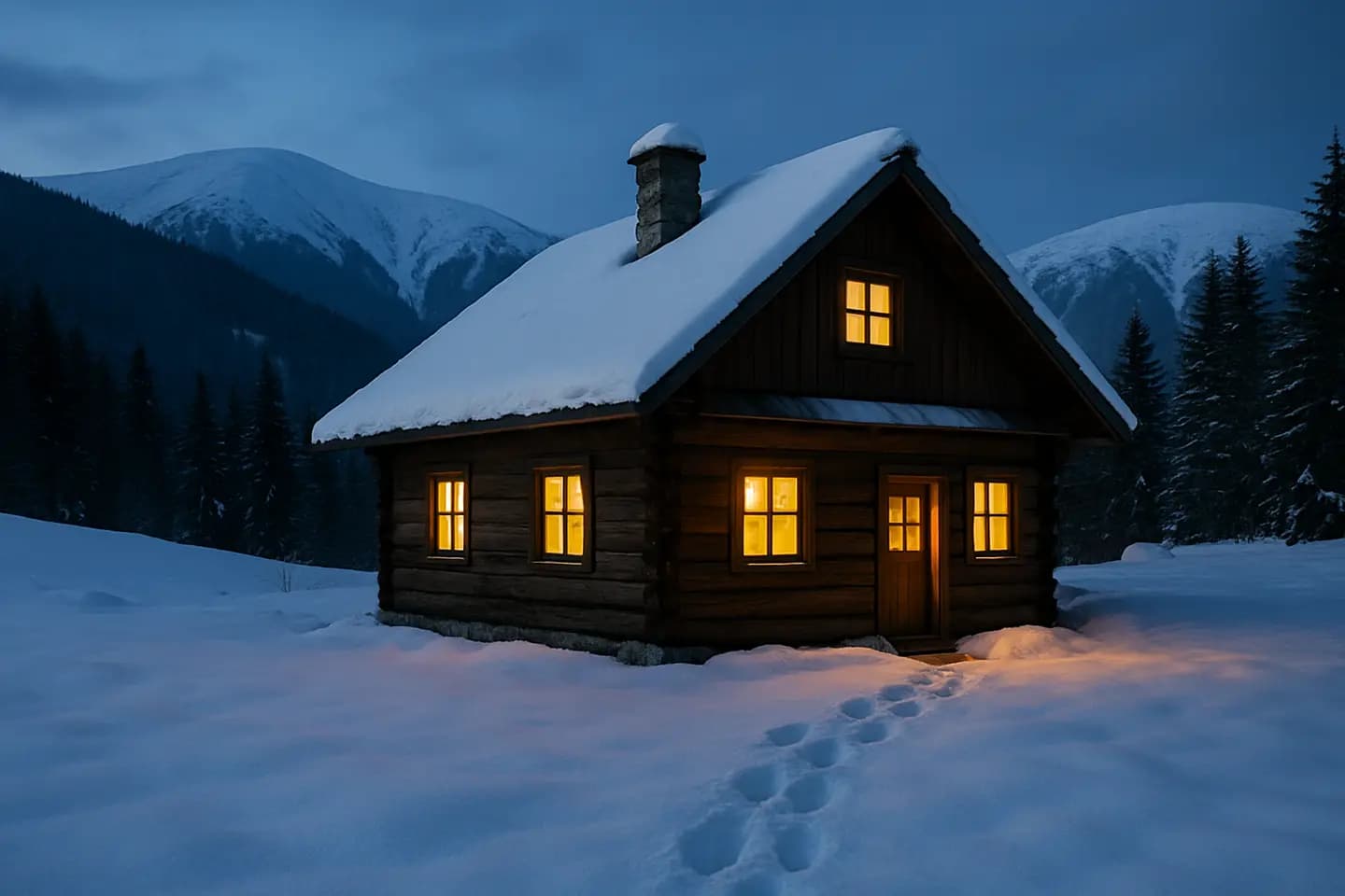 A snowy timber chalet at dusk with lit windows