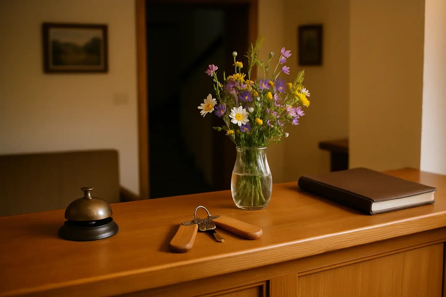 The reception desk of a small guesthouse with a bell, keys and a book