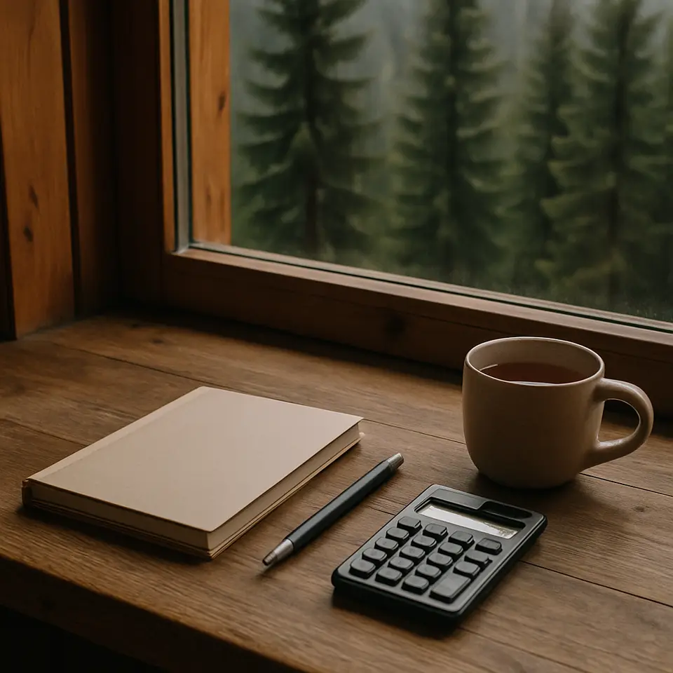 A notebook, pen and calculator on a desk by a chalet window