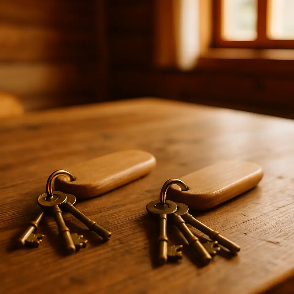 Two identical sets of keys on a table in a chalet
