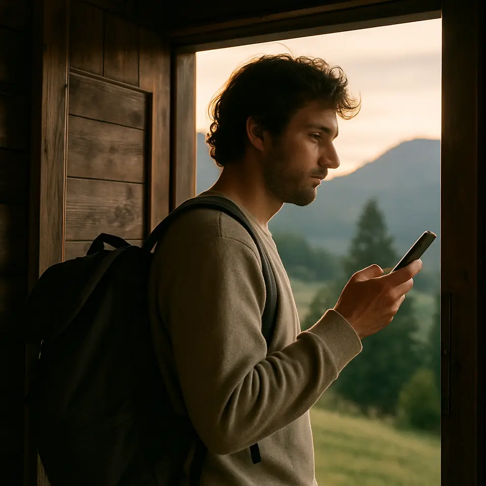 A guest with a smartphone at the chalet door